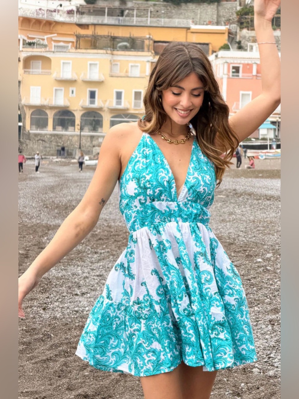 Antica Sartoria White Cotton Floral Turquoise Halter Mini Dress